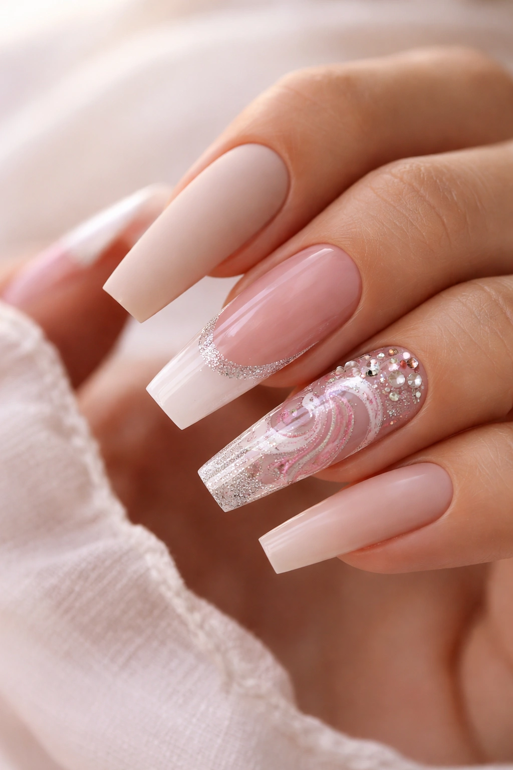 Acrylic nails displaying mixed techniques including matte and glossy finishes in studio lighting