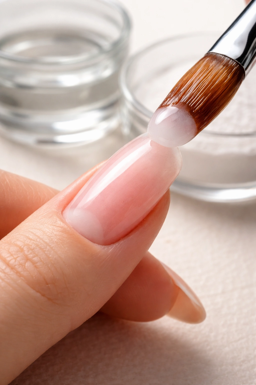 Macro shot of acrylic beads being applied to nail with brush