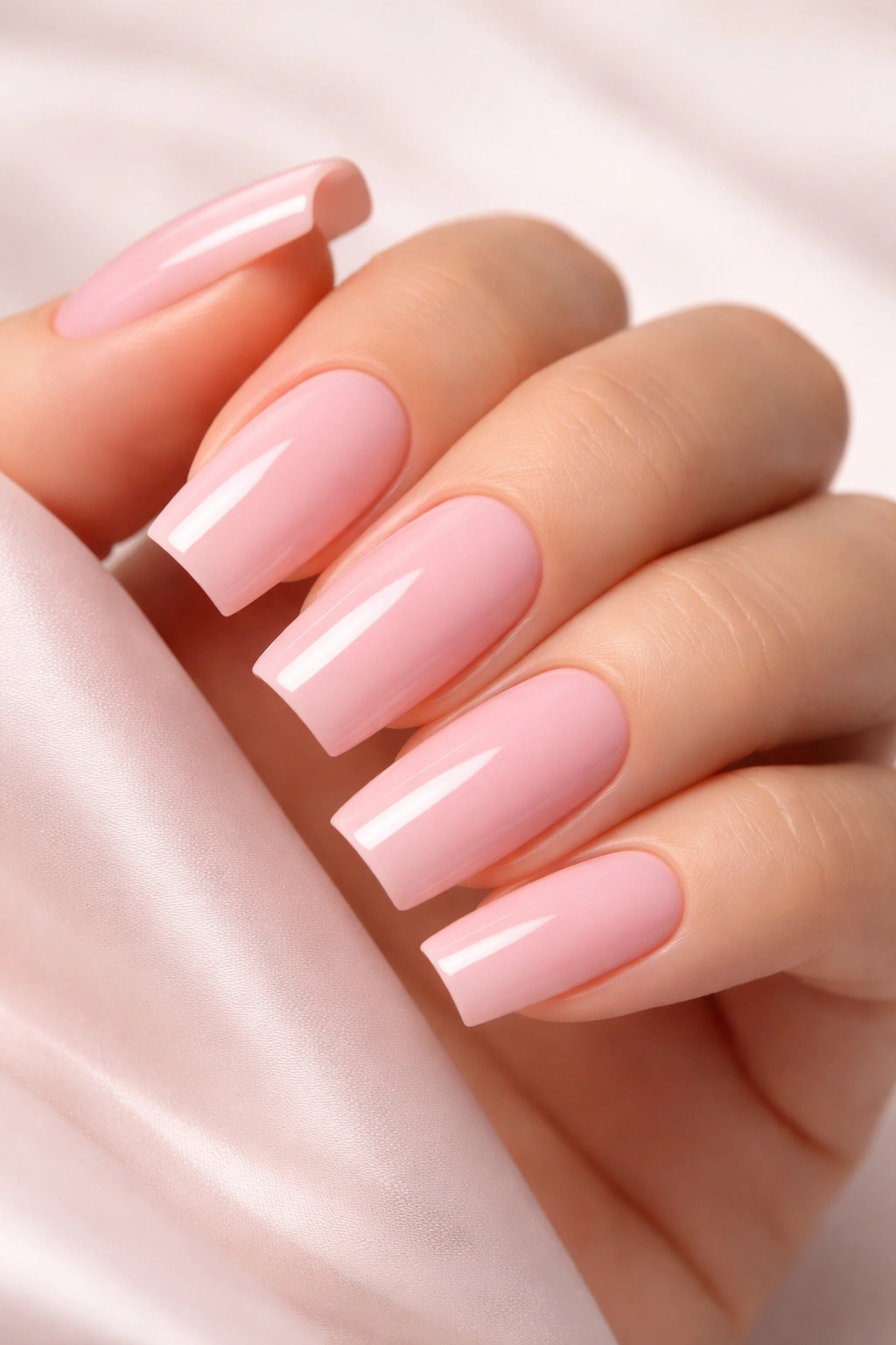 Close-up of square pink acrylic nails highlighting shape and finish