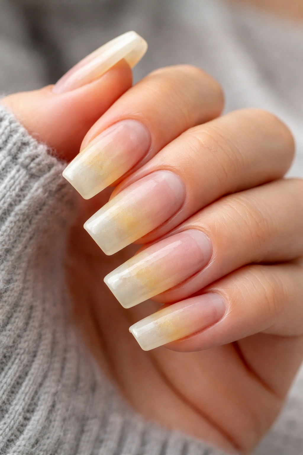 Acrylic nails showing yellowing and increased thickness indicating need for a new set