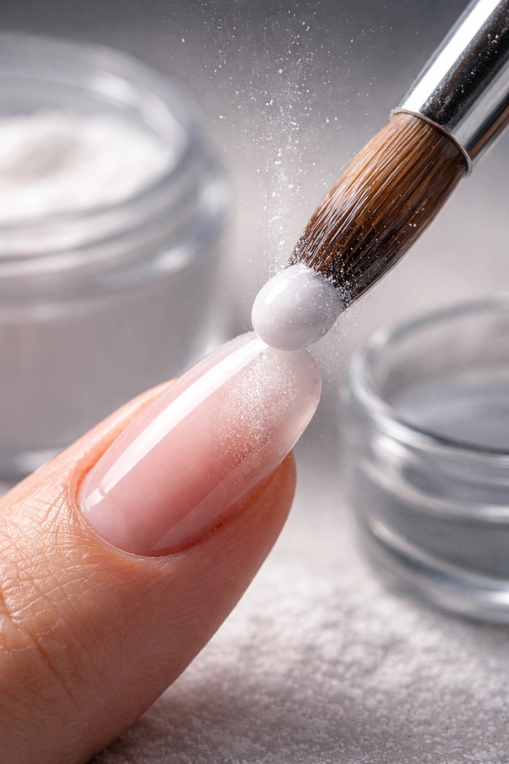Close-up of acrylic powder bead on brush tip for nail repair