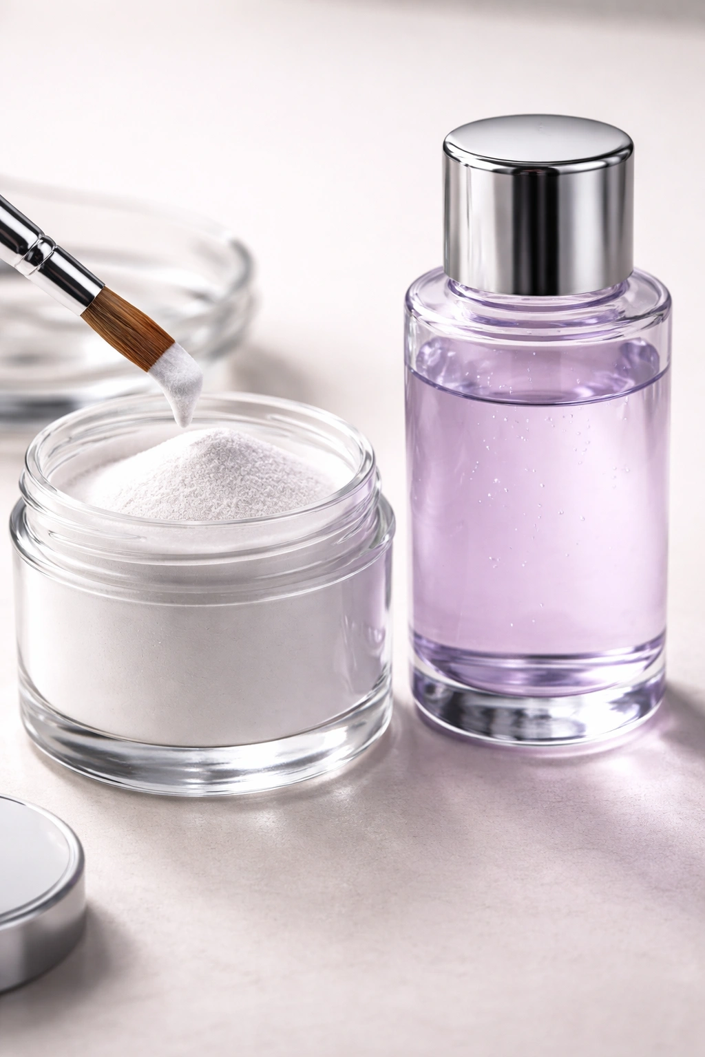 Unlabeled acrylic powder jar and monomer bottle on a clean surface