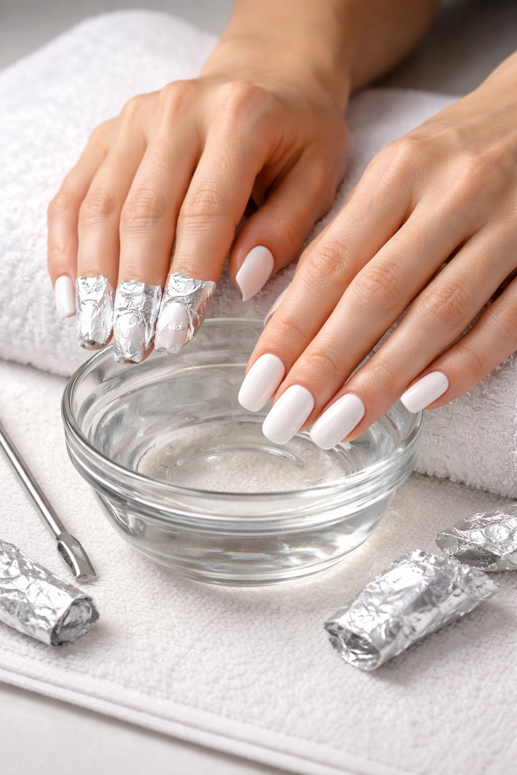 Hand soaking white acrylic nails in a glass bowl for removal