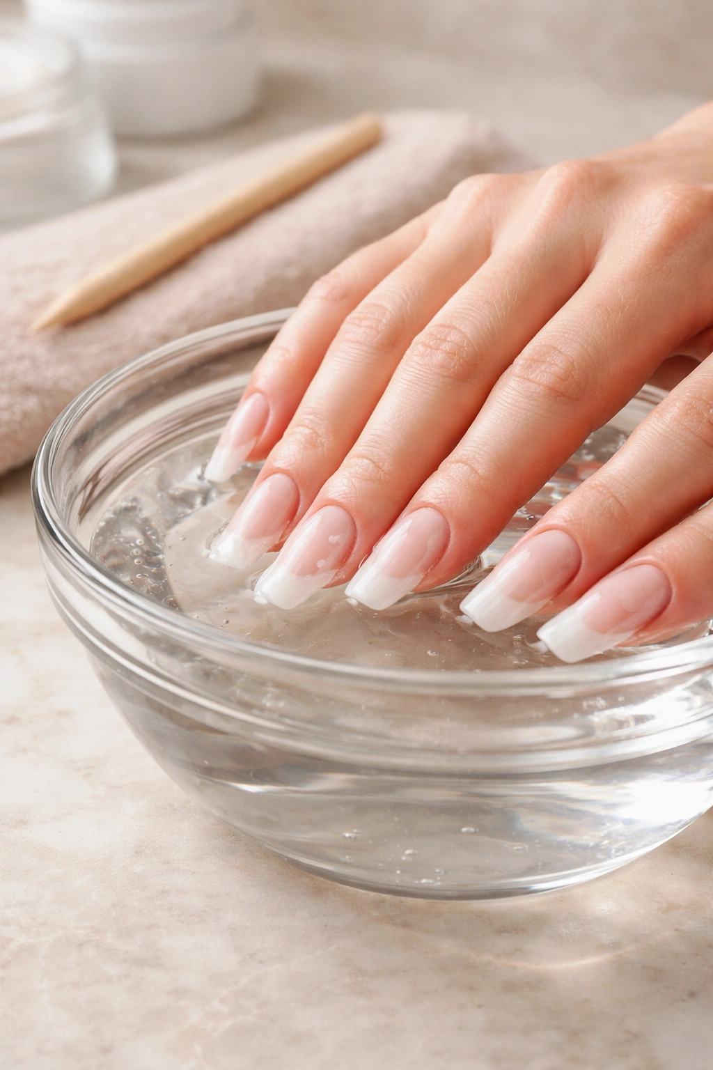 Close-up of hands soaking acrylic nails in acetone for safe removal