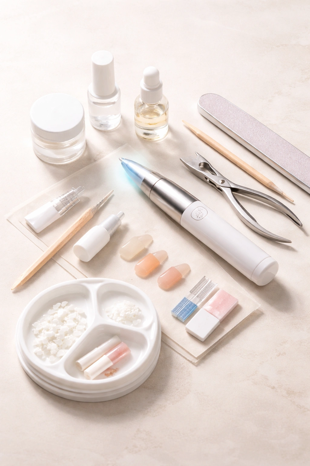 Flat lay of acrylic repair kit components