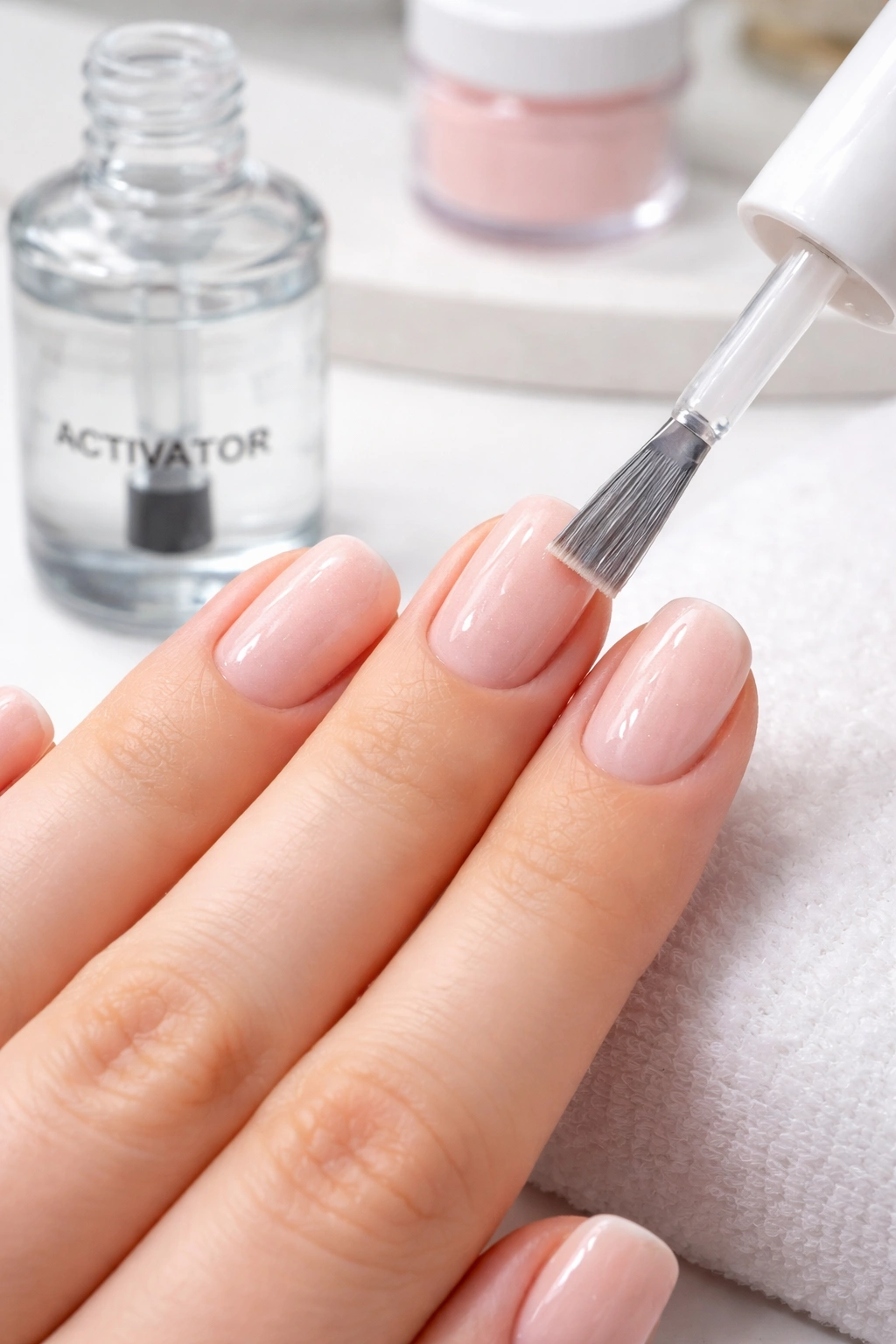 Nails with activator being brushed on to build strength with subsequent coats