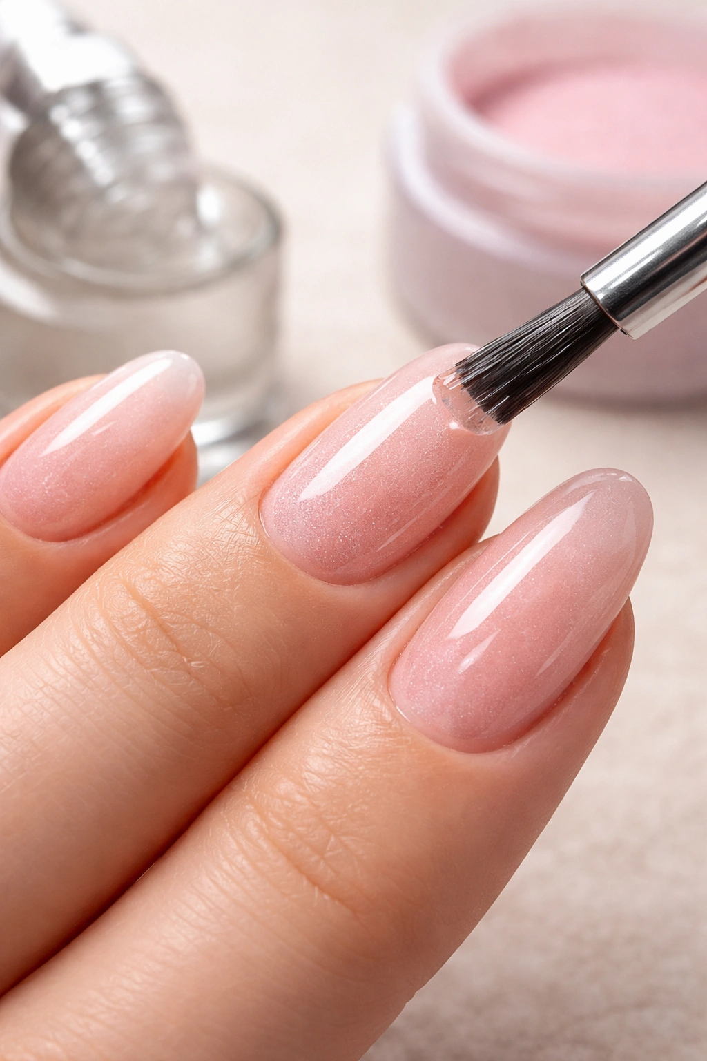 Close-up of nails with activator curing to a hard glossy finish