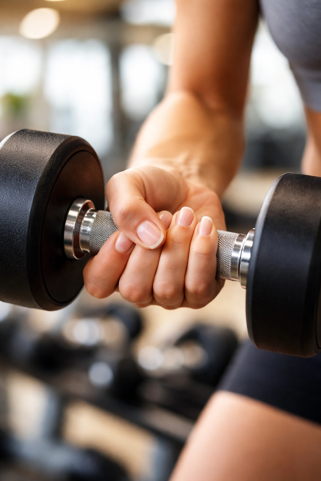 Hand gripping gym handle with short natural nails