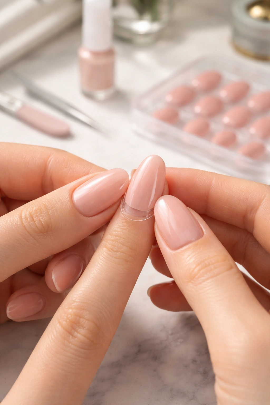 Hands applying press-on nail with adhesive tab to natural nail