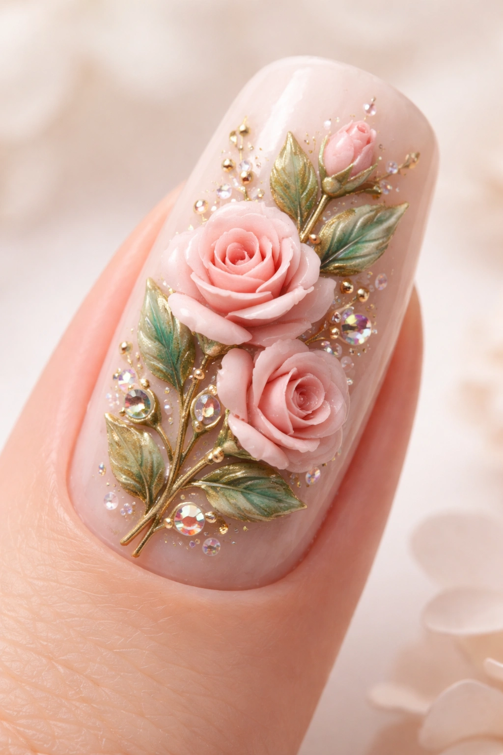 Nail with multiple advanced 3D elements like roses leaves