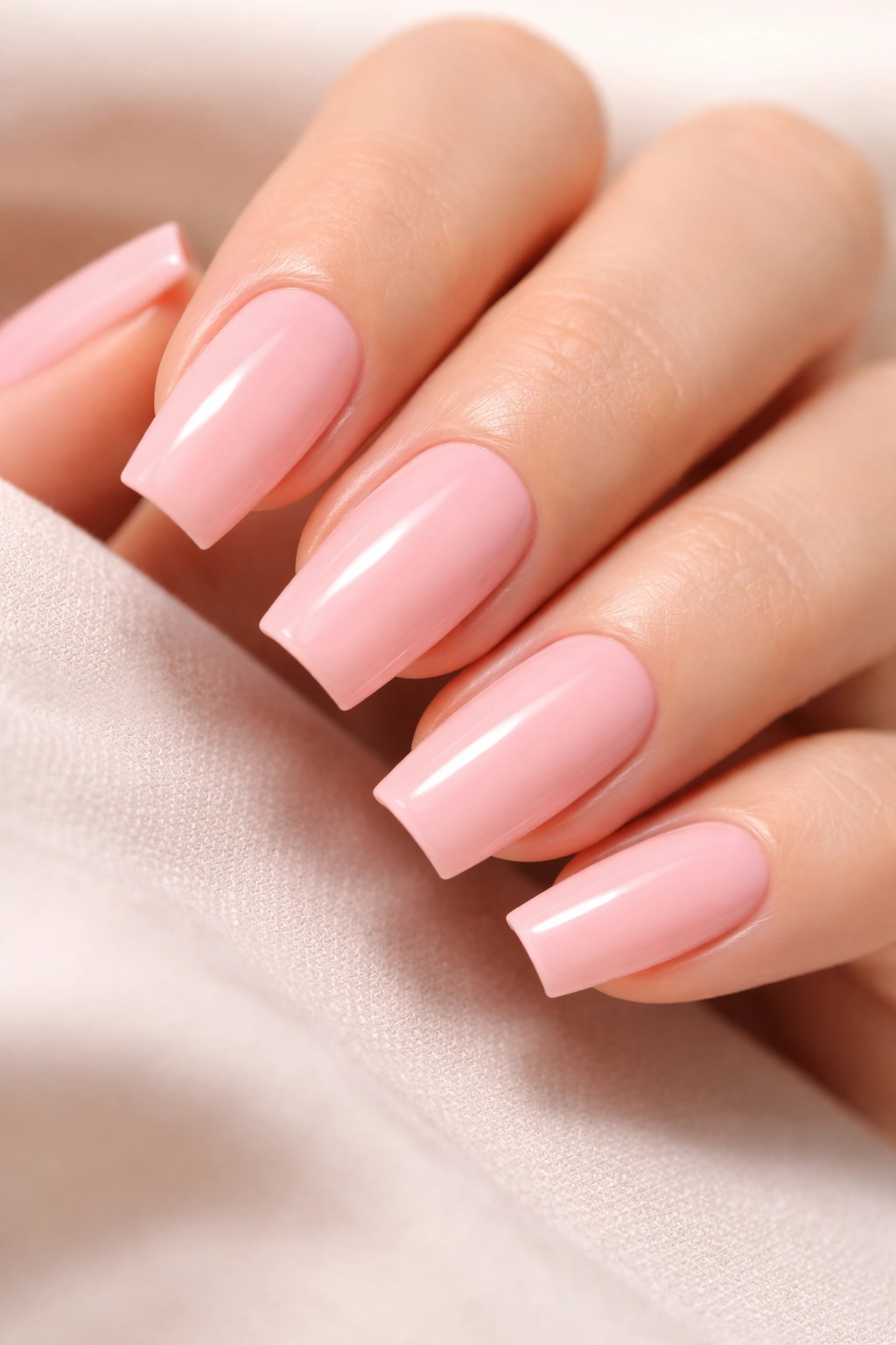 Close-up of simple soft pink square acrylic nails on a neutral background
