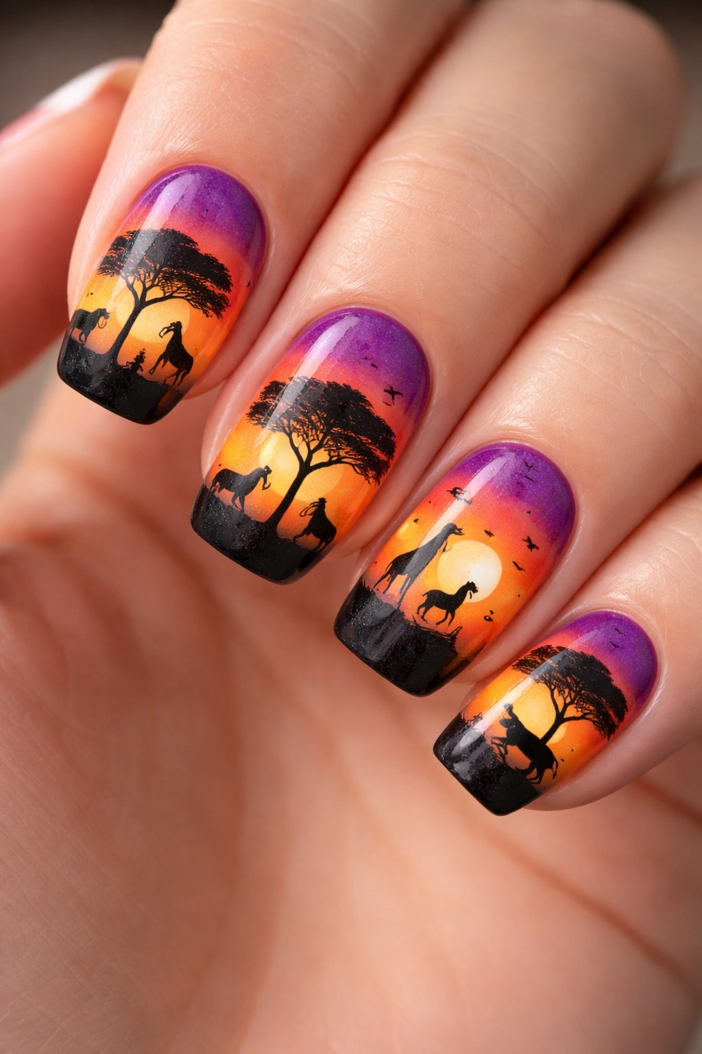 Nails with warm sunset gradient and black silhouettes of acacia trees