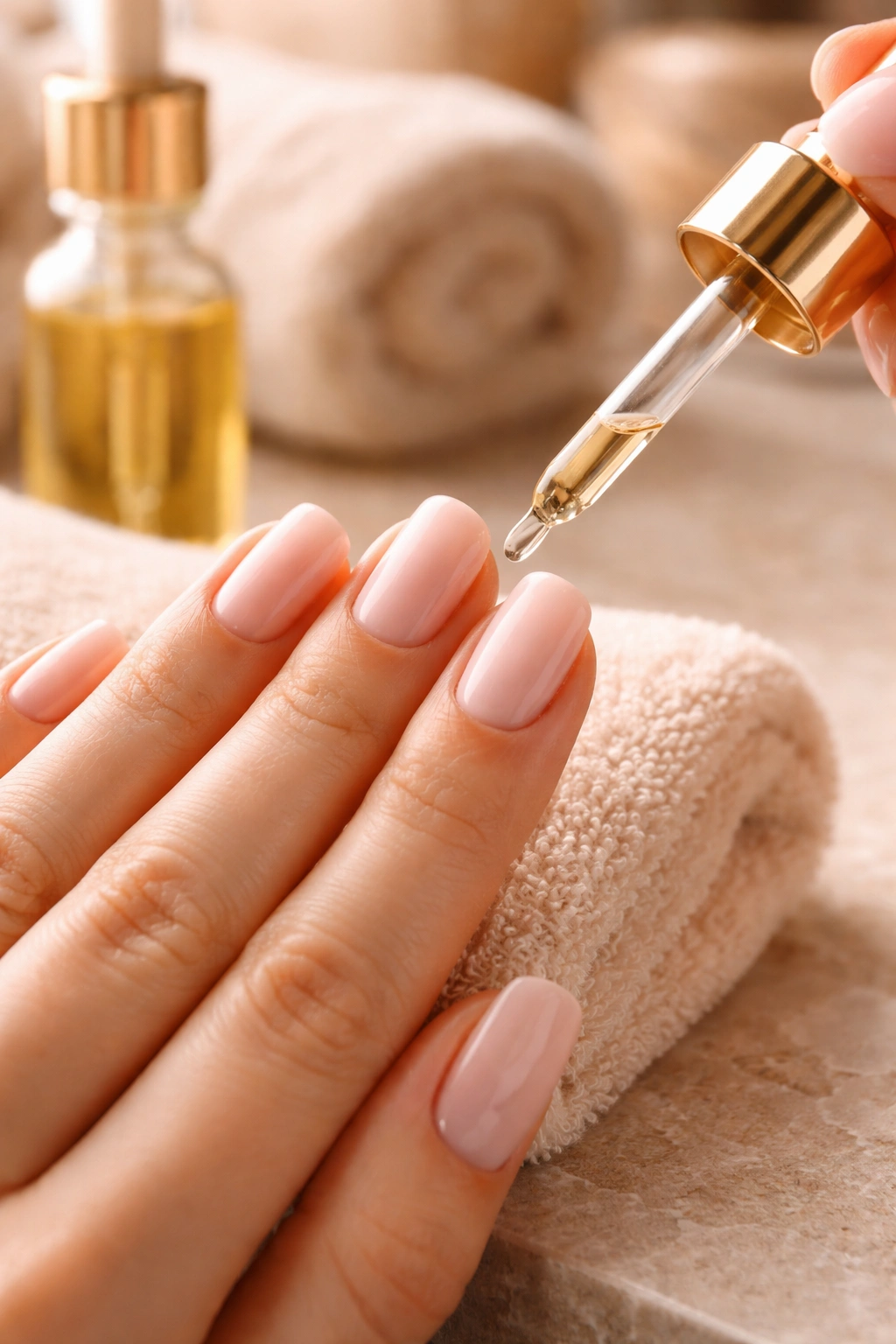 Hand applying cuticle oil to soft square nails