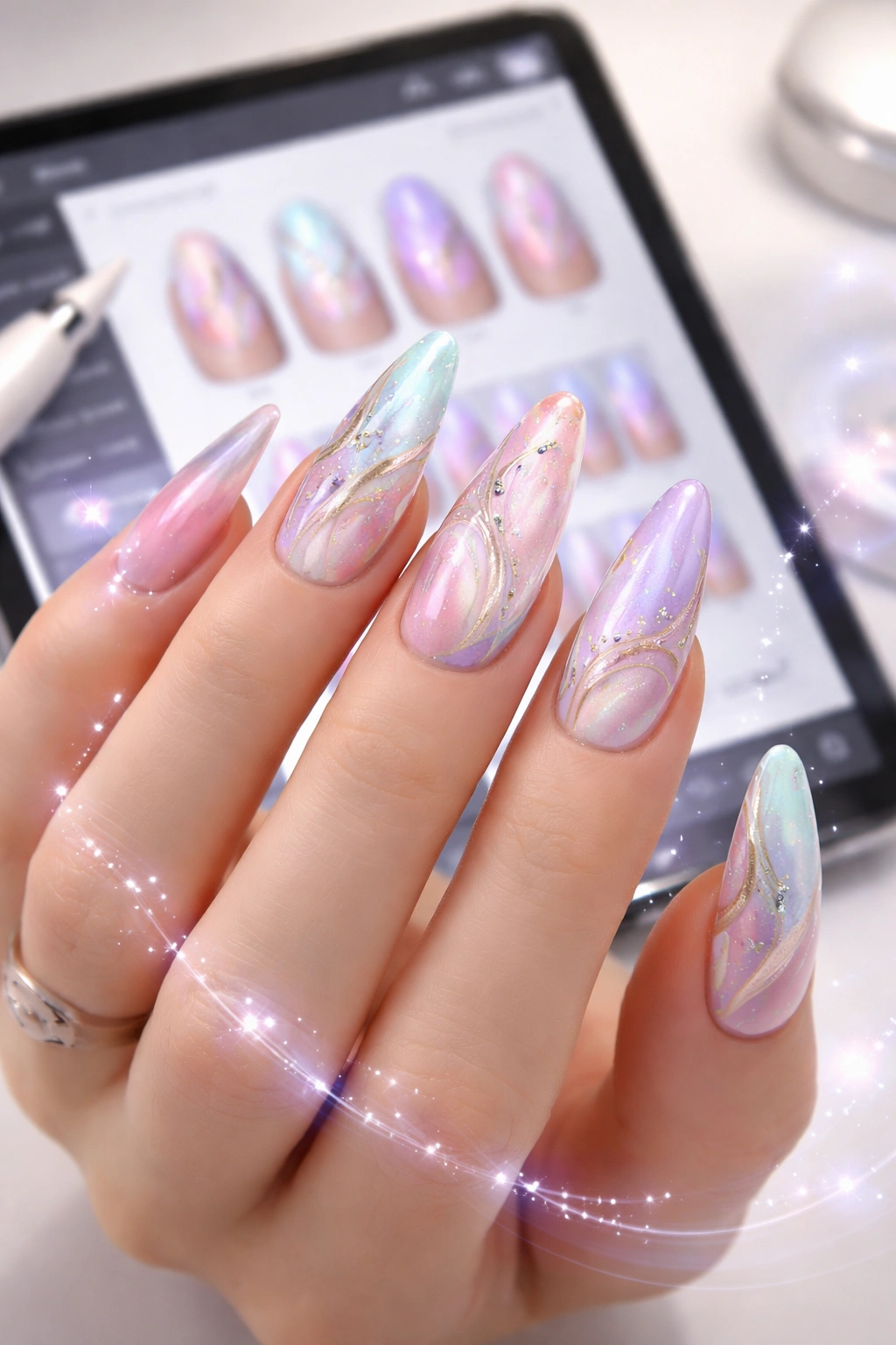 Hand with AI-generated nail designs and a subtle digital glow in a neutral studio
