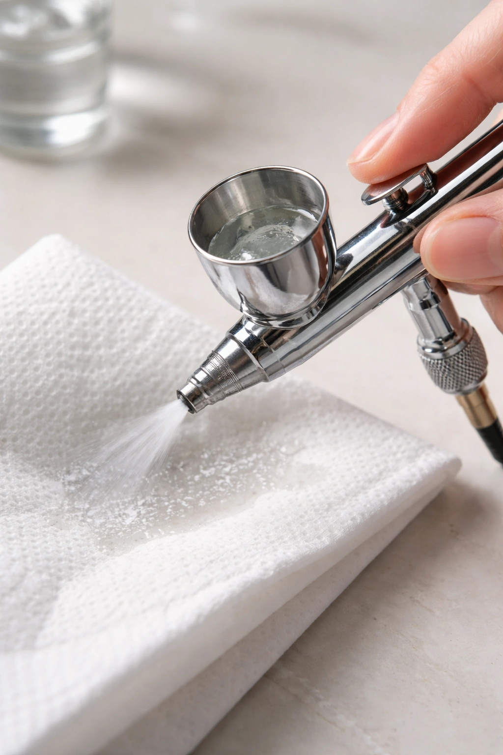 Airbrush being cleaned with cleaner sprayed through nozzle into a paper towel
