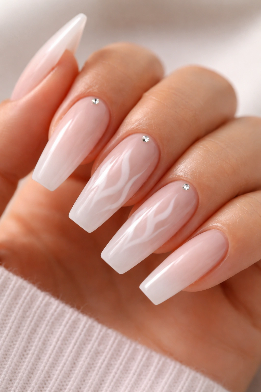 Two to four nails with white airbrush flame designs on milky base.