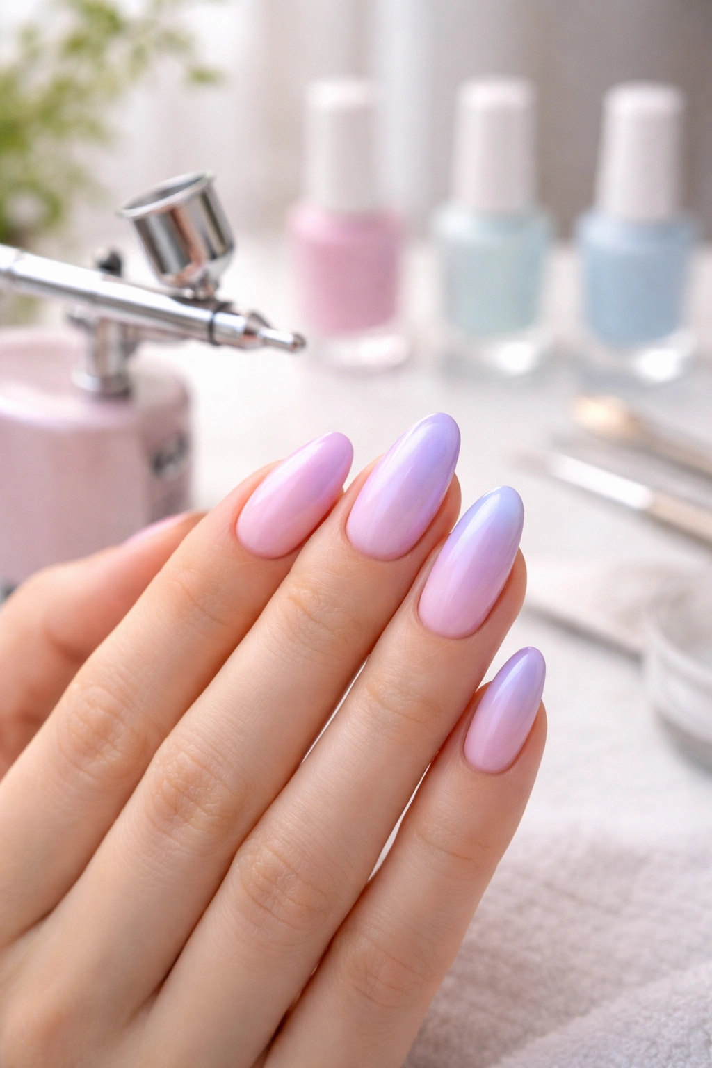 Close-up of hand with smooth pastel gradient airbrushed nails on a simple home vanity