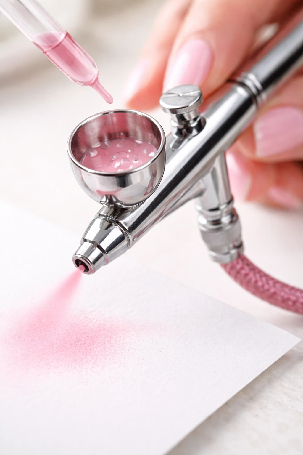Airbrush gun with paint cup showing paint droplets ready for testing.