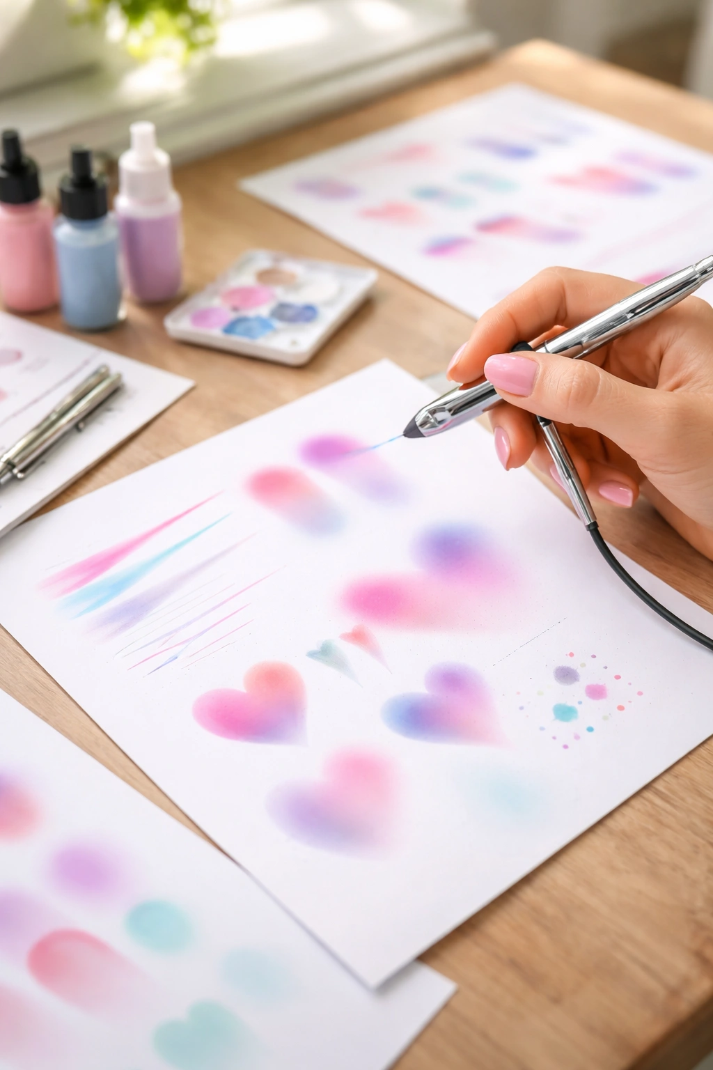 Person practicing airbrush on scrap paper with smooth motions