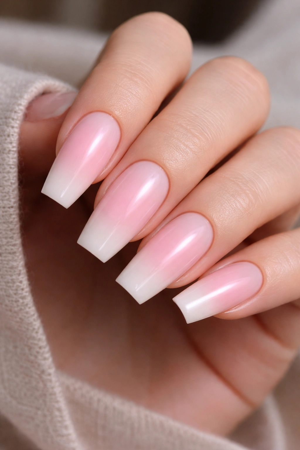 Close-up of airbrushed pink aura on ballerina nails