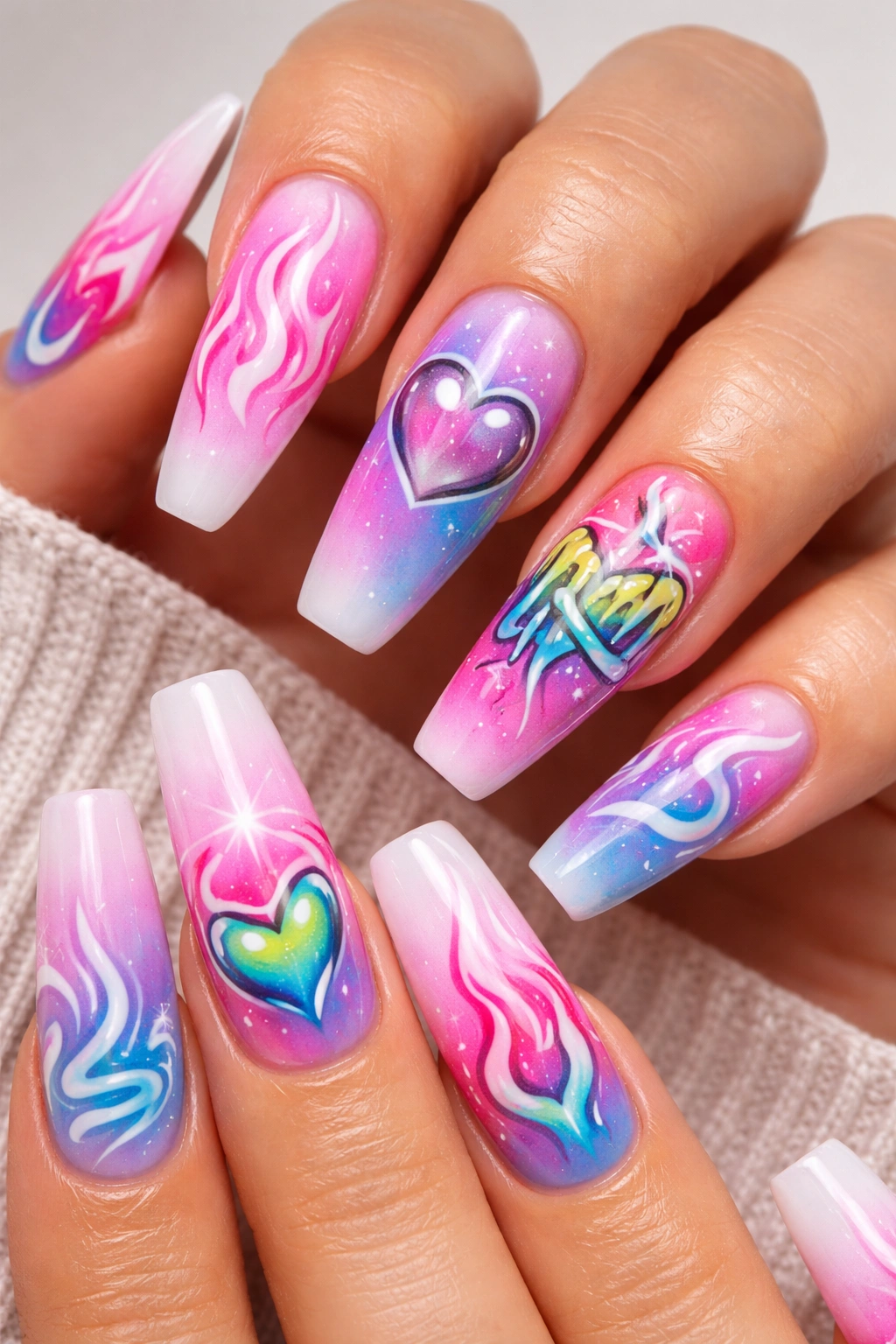 Close-up of acrylic nails with airbrushed gradients and graffiti nail art
