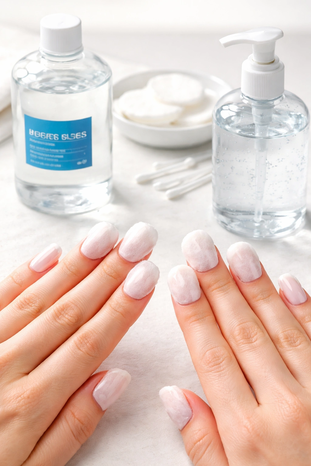 Nails with a cotton pad applying alcohol-based remover.