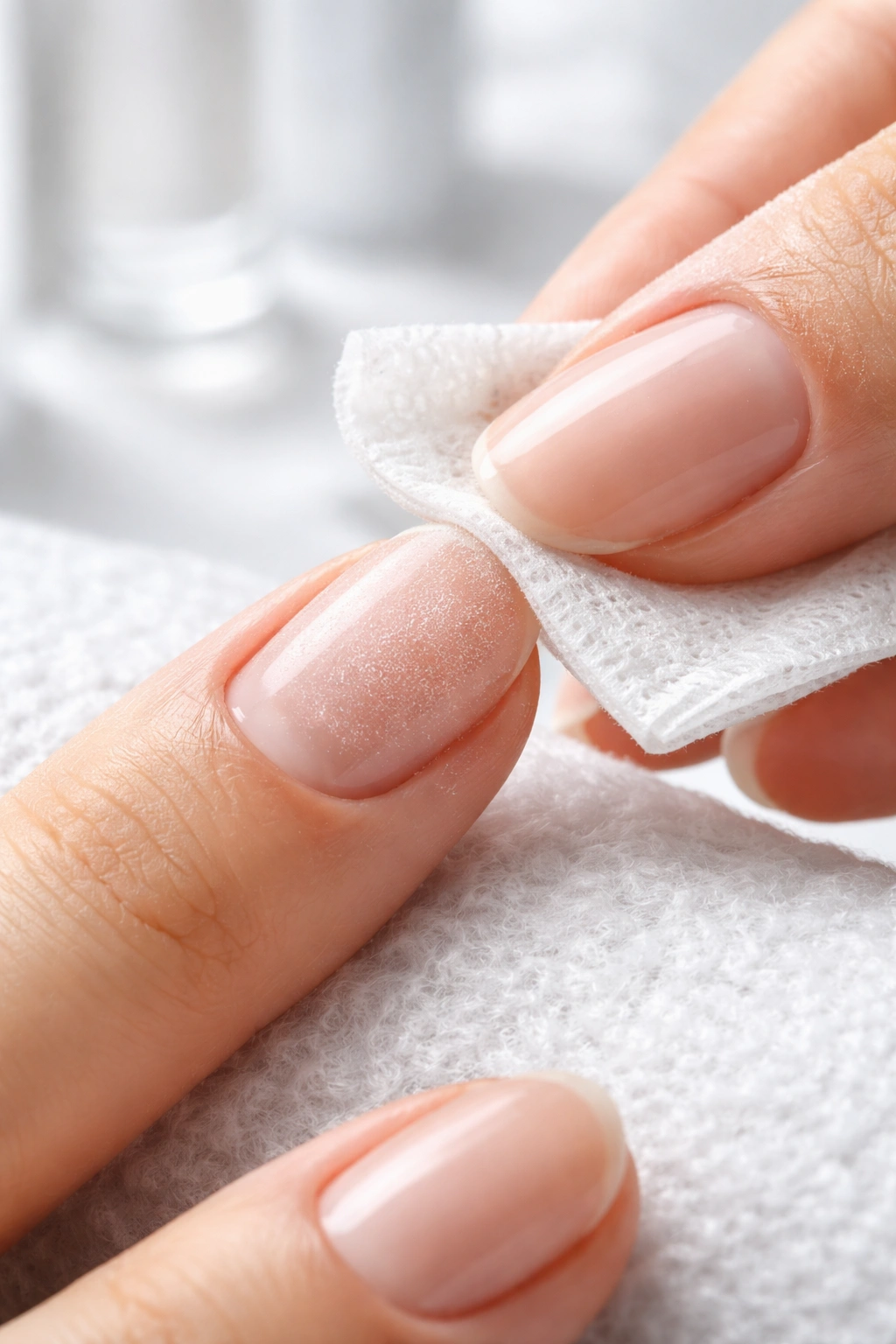 Nail being wiped with alcohol wipe to cleanse surface