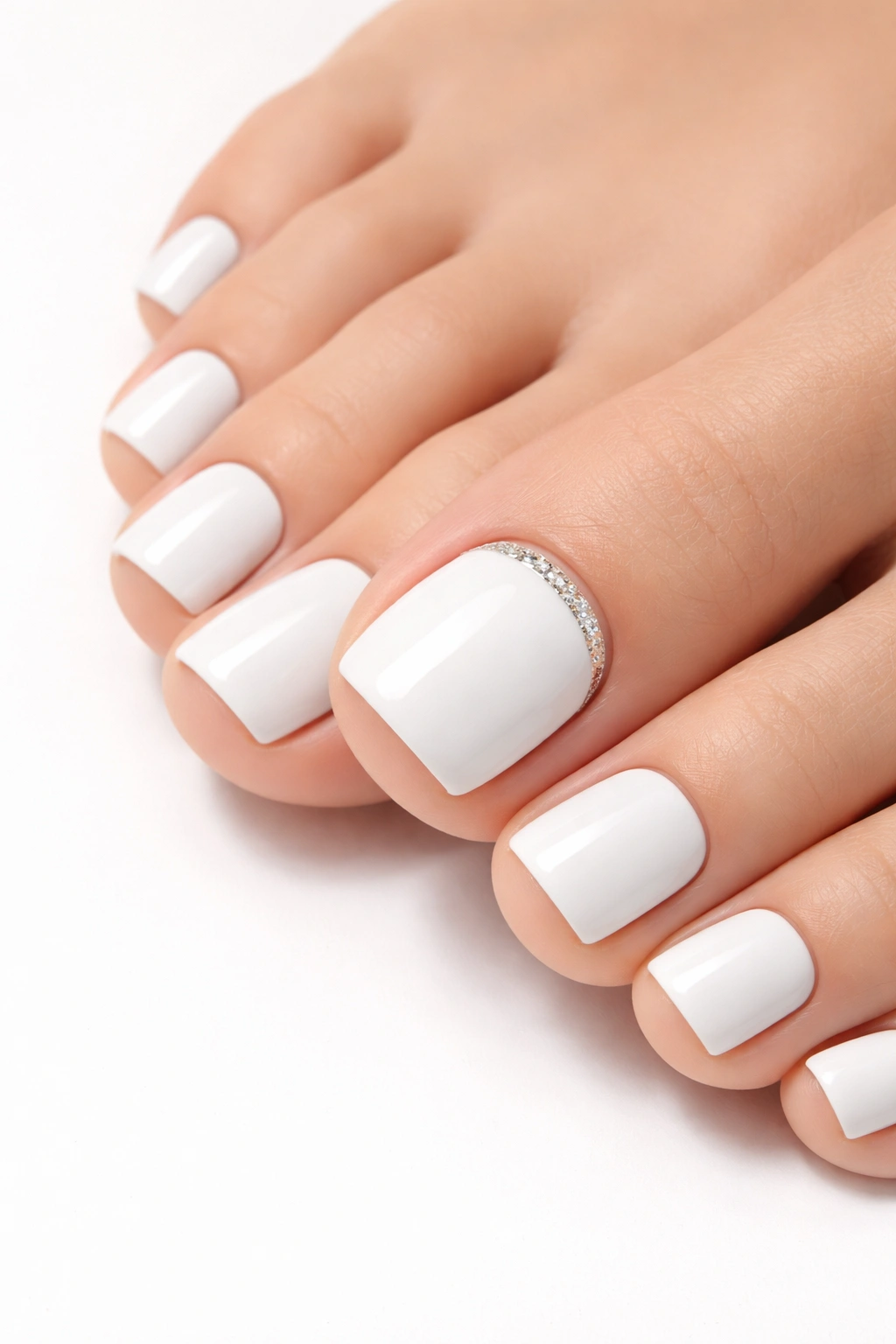 All-white pedicure close-up on toes