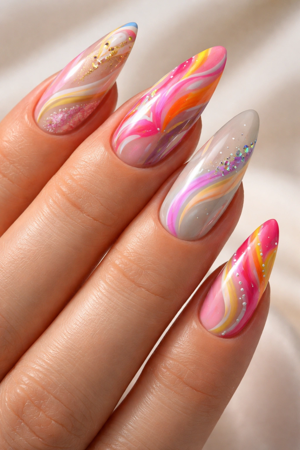 Close-up of almond acrylic nails with abstract artistic designs