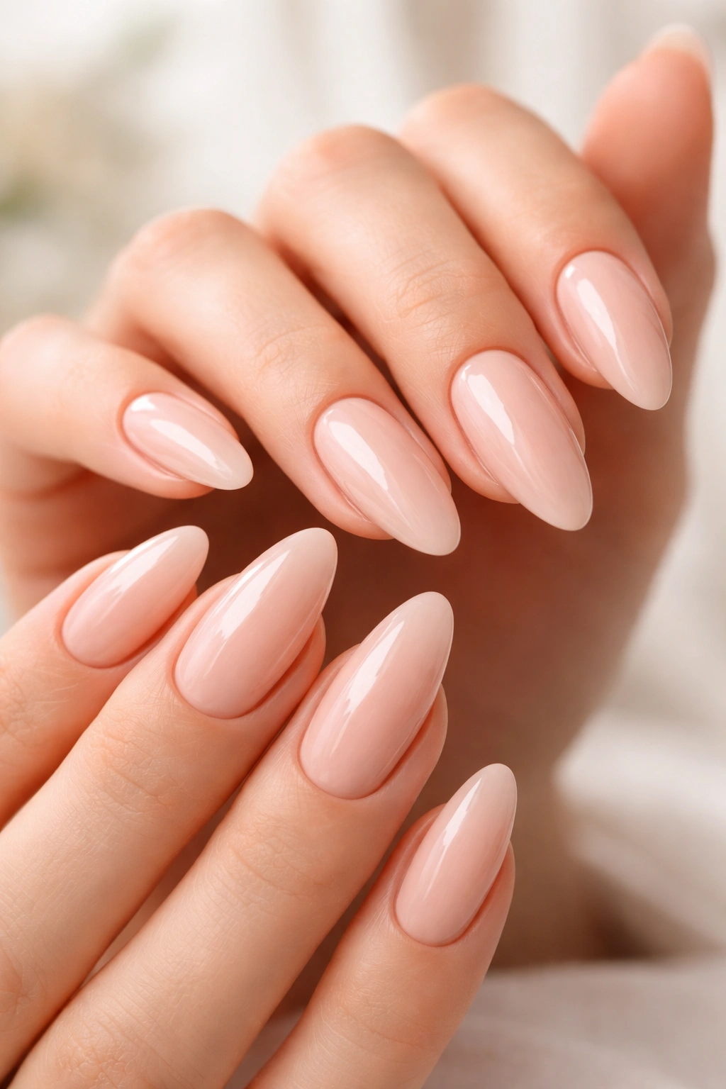 Close-up of almond-shaped acrylic nails on a hand with nude base