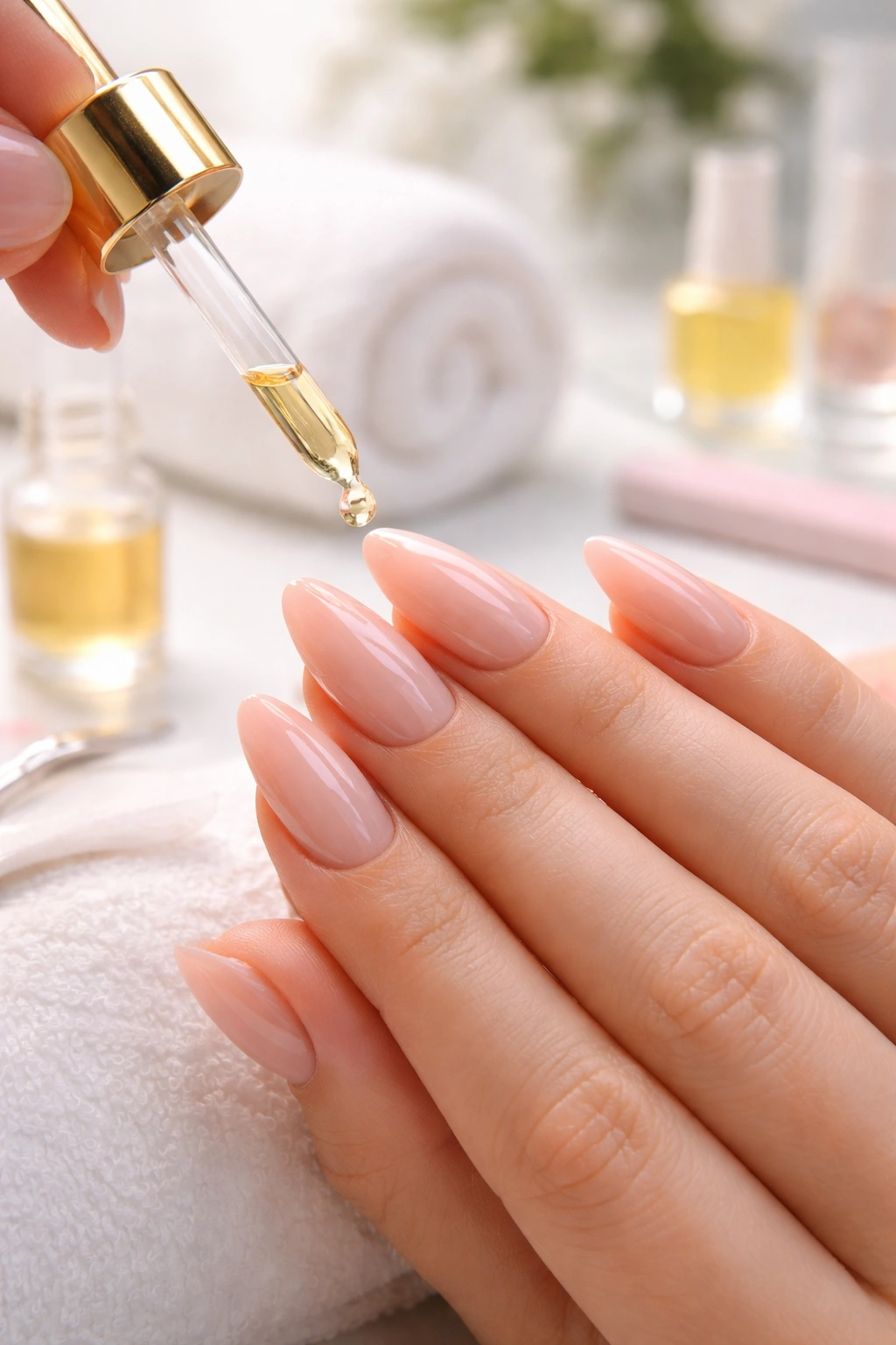 Close-up of hands applying cuticle oil to almond acrylic nails
