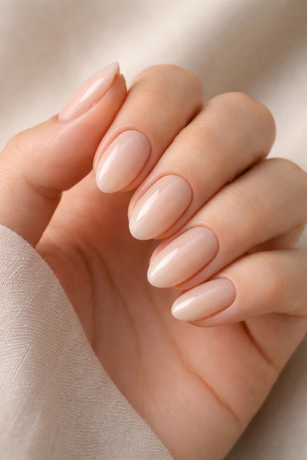 Close-up of nails in warm almond beige with soft glossy finish