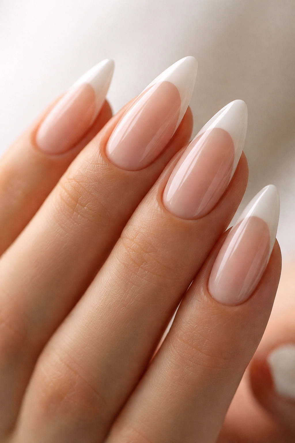 Close-up almond nails with sheer base and white tips with subtle cuticle shadows