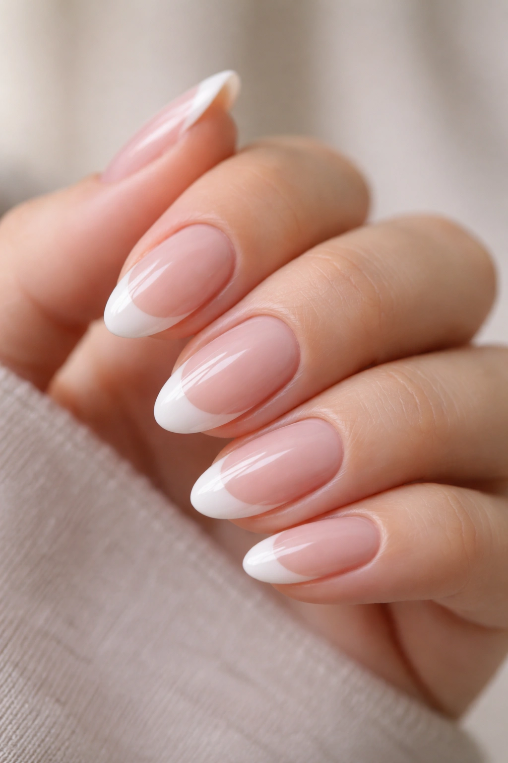 Close-up of short almond nails with a softly curved white tip