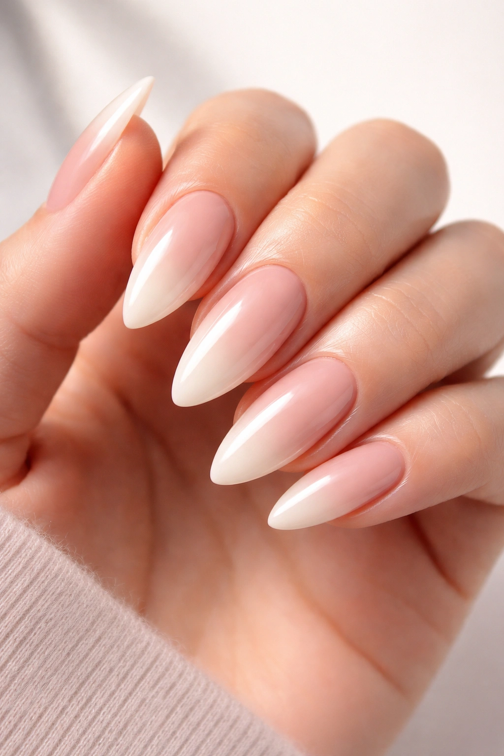 Hand with almond-shaped gradient ombre press-on nails