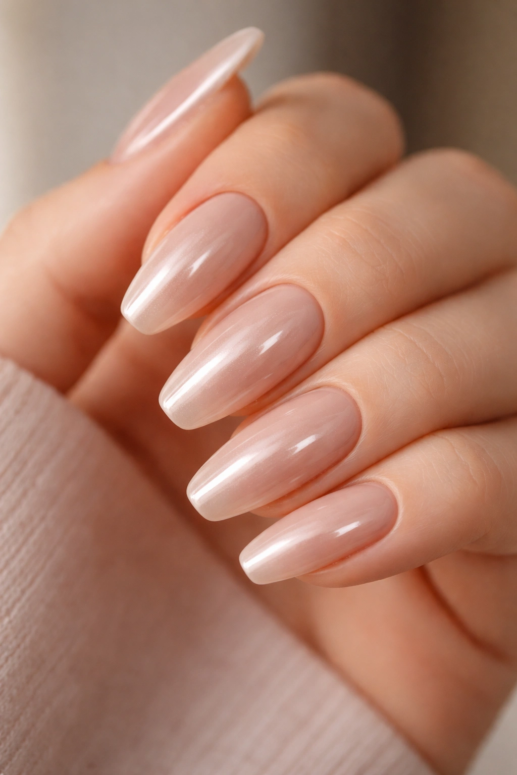 Almond-latte nails with soft glazed chrome finish on ballerina nails