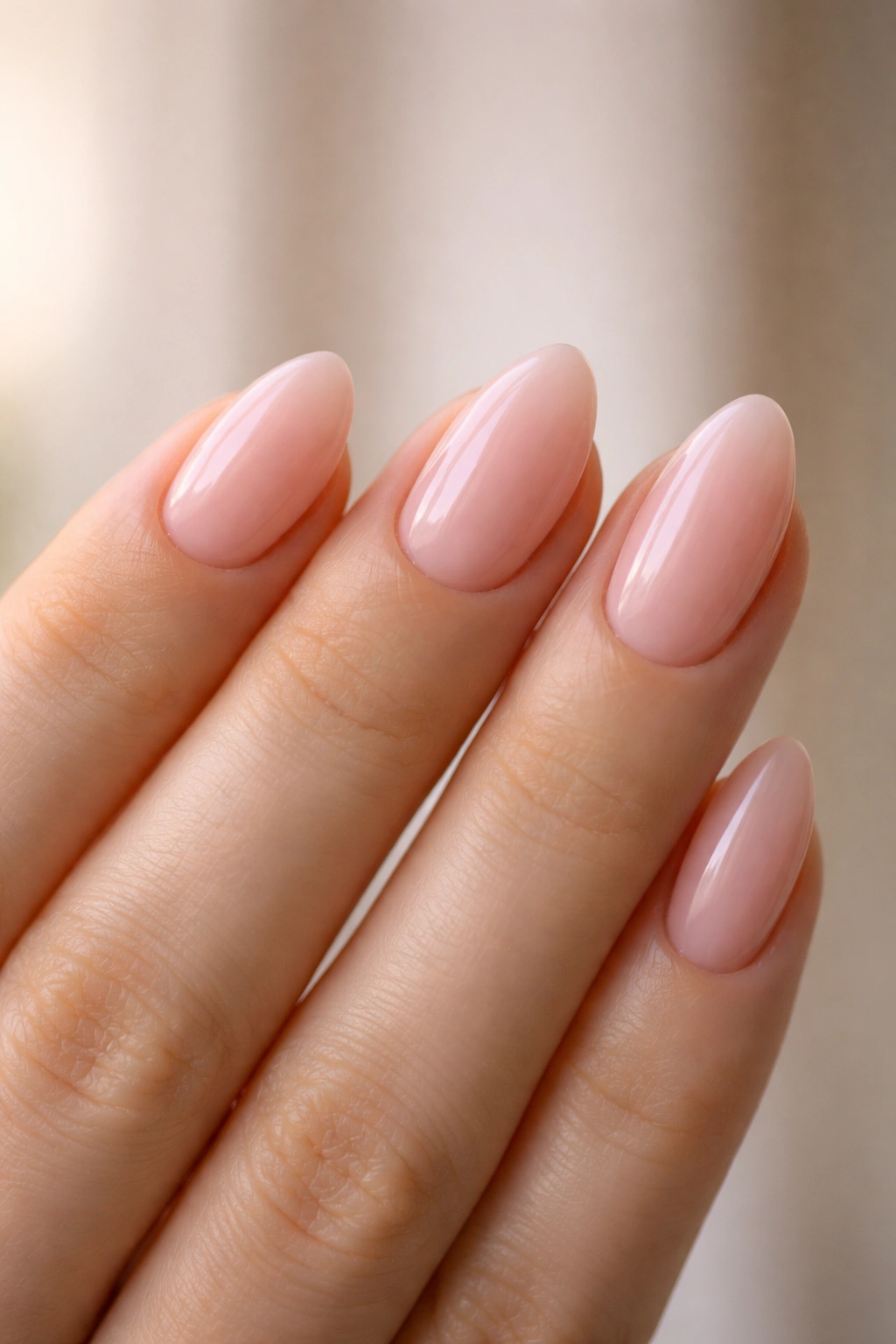 Hand displaying subtle length variations on short almond nails