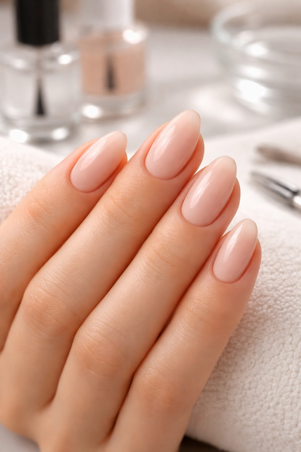 Close-up of almond nails with nude base coat and glossy finish on a clean manicure station