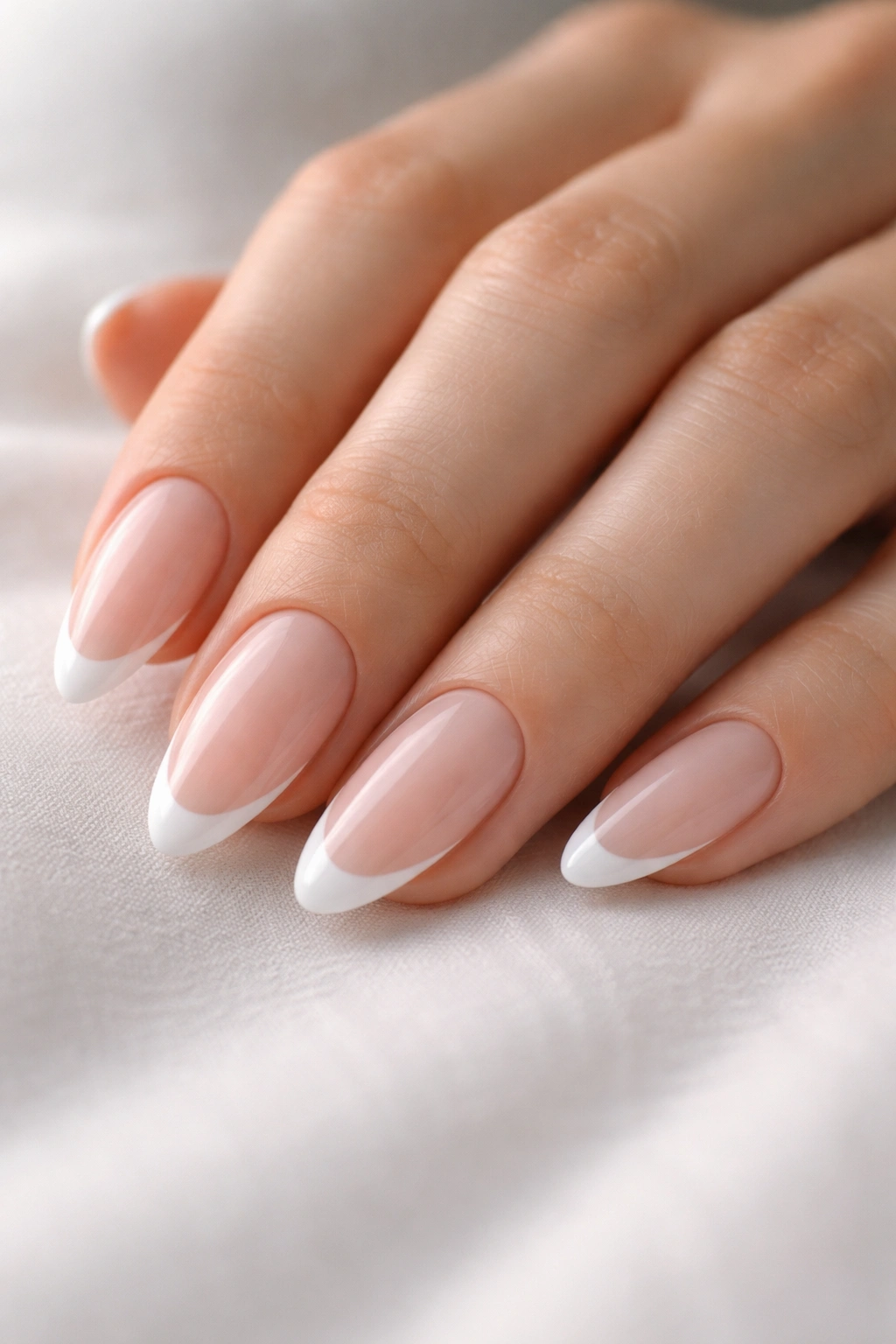 Almond nails with micro-French tips on sheer pink base