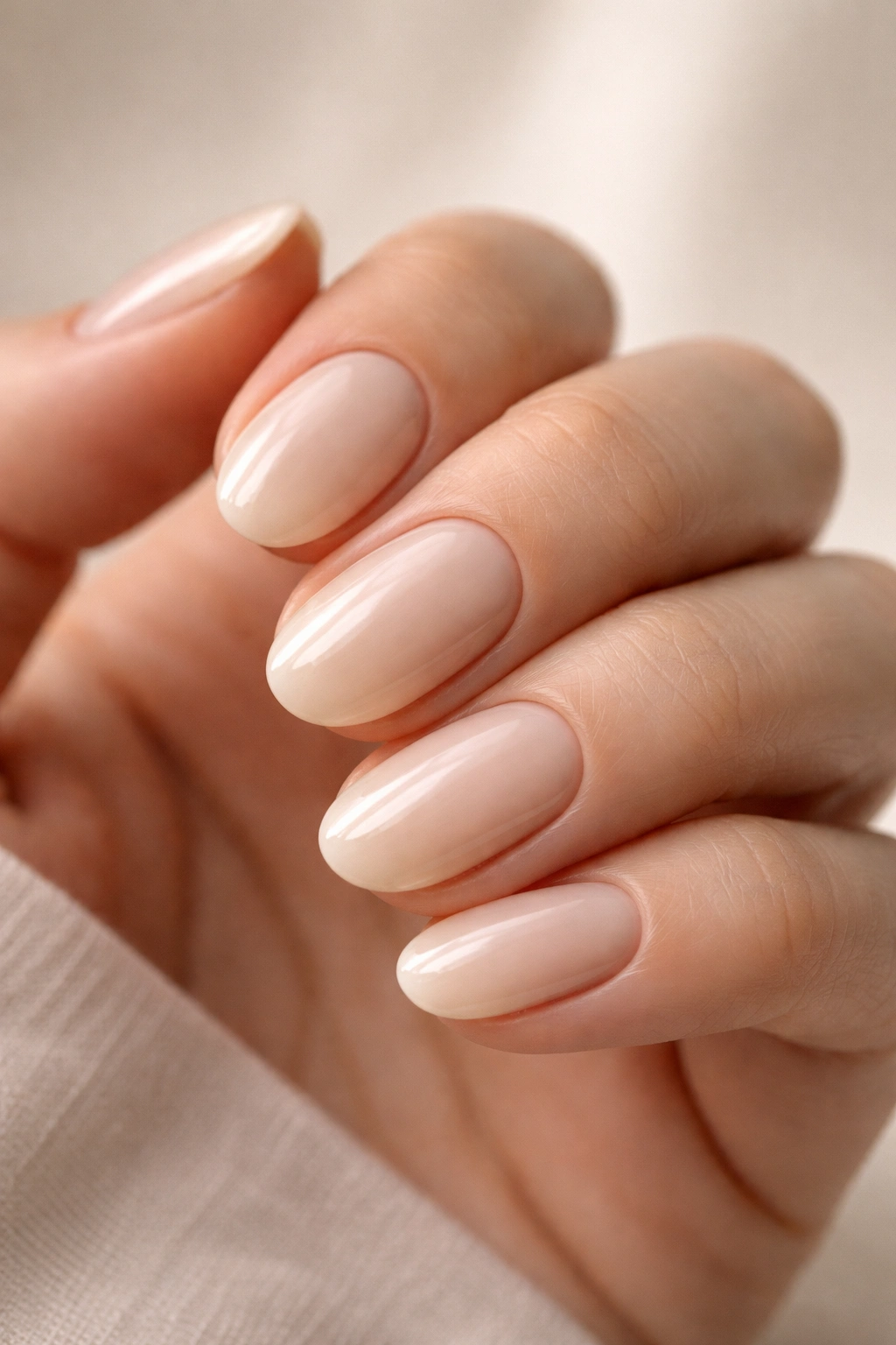 Close-up of short oval nails in almond-milk cream polish