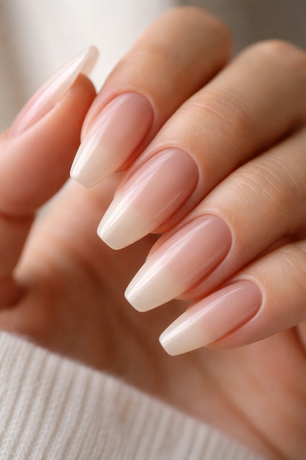 Close-up of almond-milk ombré nails on ballerina shape with soft gradient
