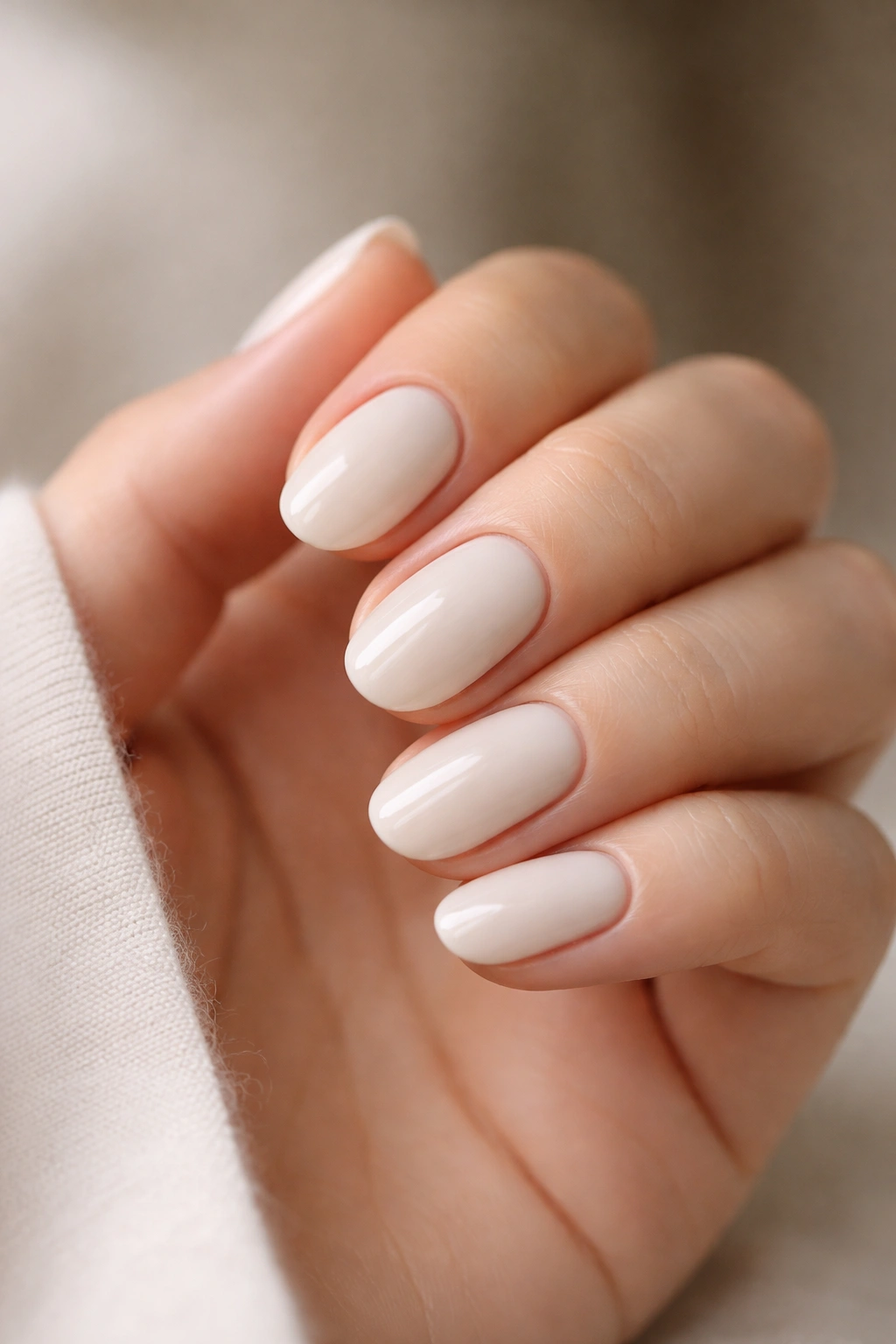 Close-up of short oval nails in almond milk white on pale skin
