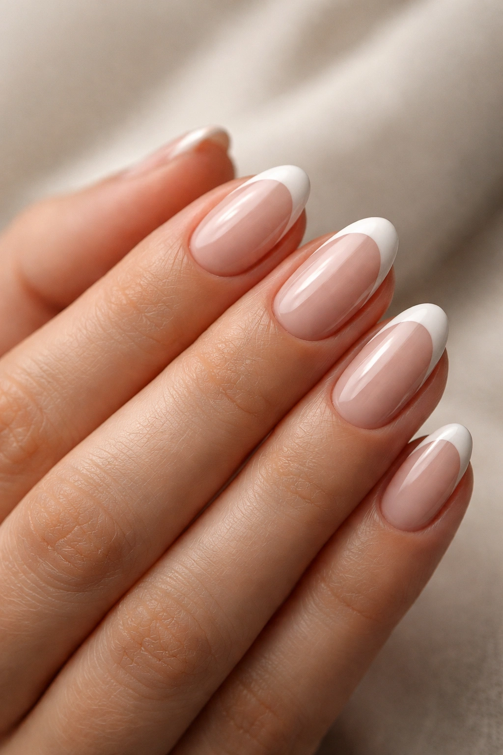 Hand with extra-short almond nails showing softly tapered sides and rounded apex