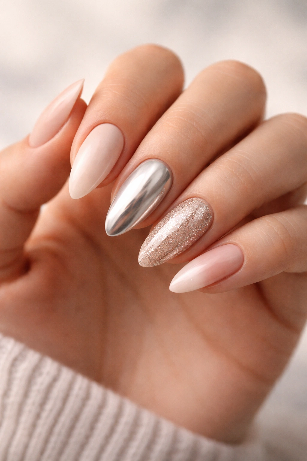 Hand showing almond nails in multiple finishes to illustrate style options
