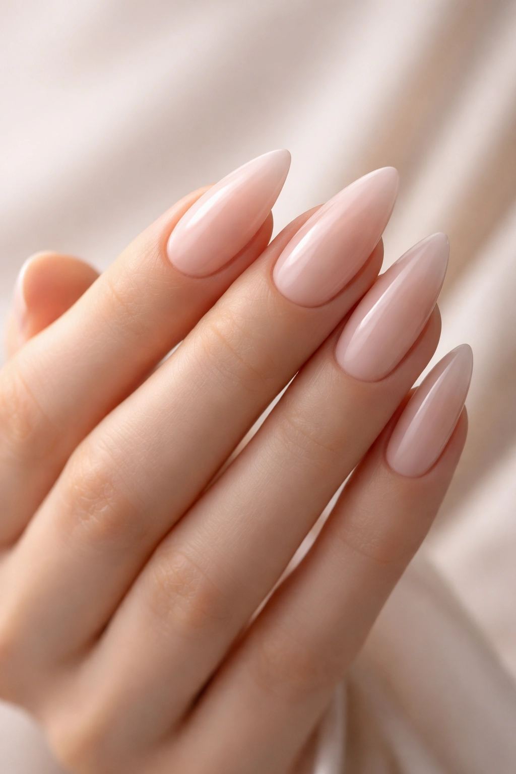 Close-up of almond-shaped nails with tapered tips elongating the fingers