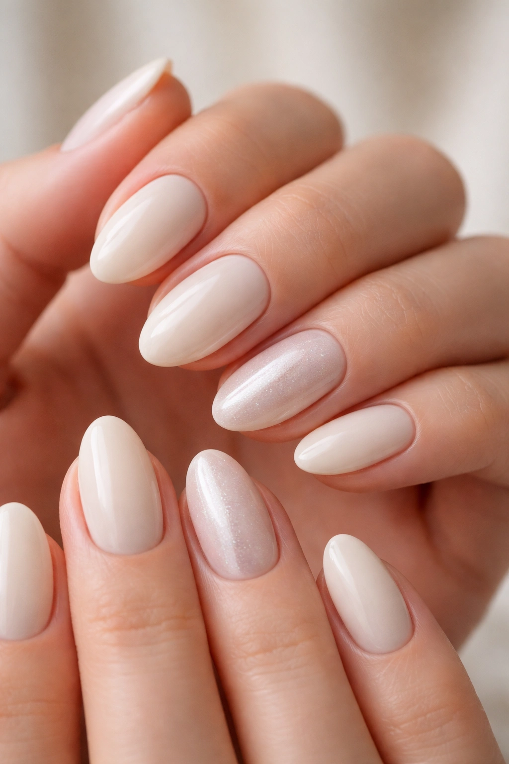 Close-up of off-white almond nails with a single pearl-accent nail