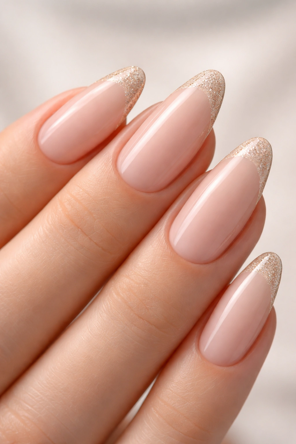 Almond nails with bare base and fine champagne glitter tip