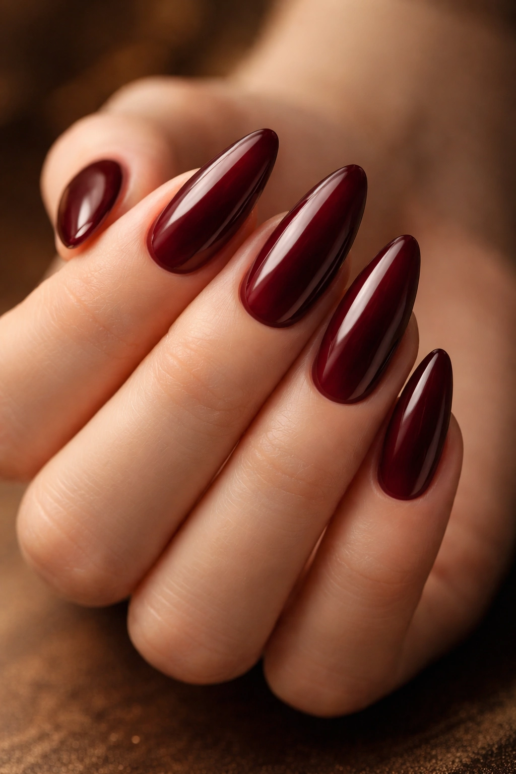 Close-up of burgundy almond nails with soft shine
