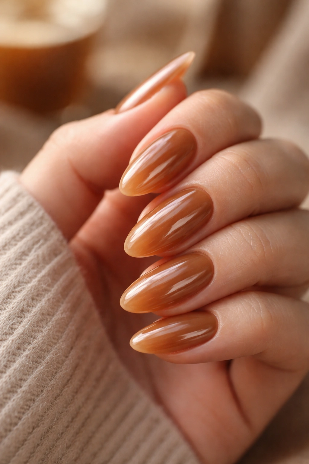 Close-up of caramel glazed almond nails with a soft translucent sheen