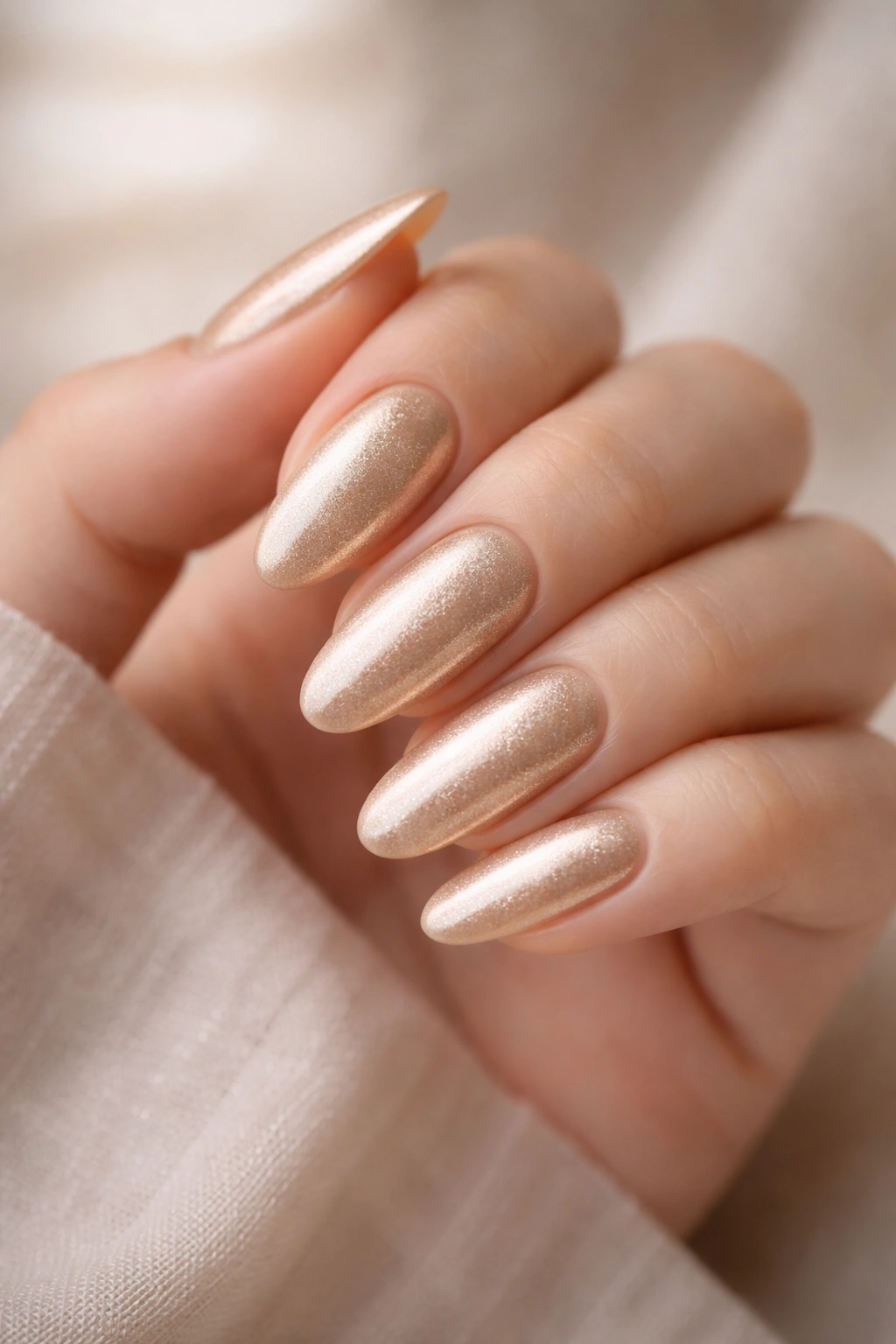 Almond nails in champagne gold with subtle shimmer on a neutral background.